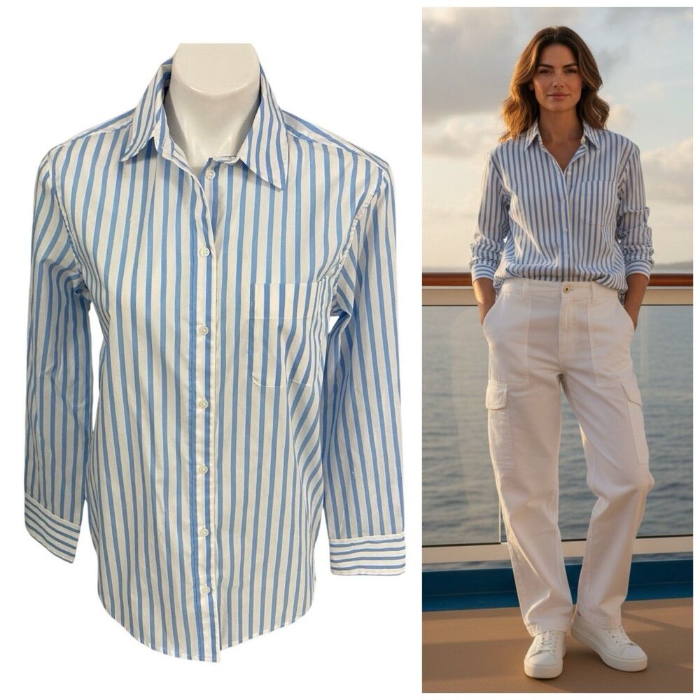 A New Day Shirt Womens Small Button Up Blue Stripe Preppy Work Office Oversized